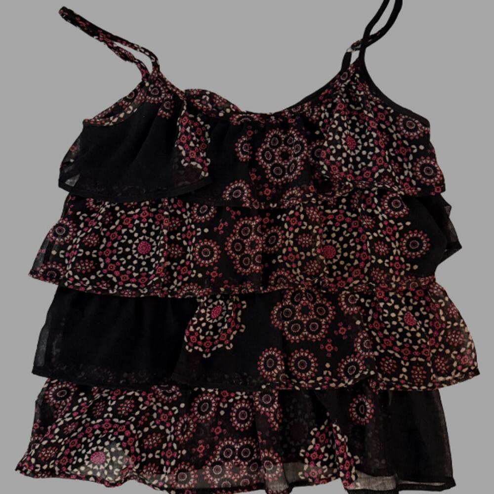 Roxy Black Floral Tiered Ruffle Spaghetti Strap Tank Top Boho Y2K Size XS